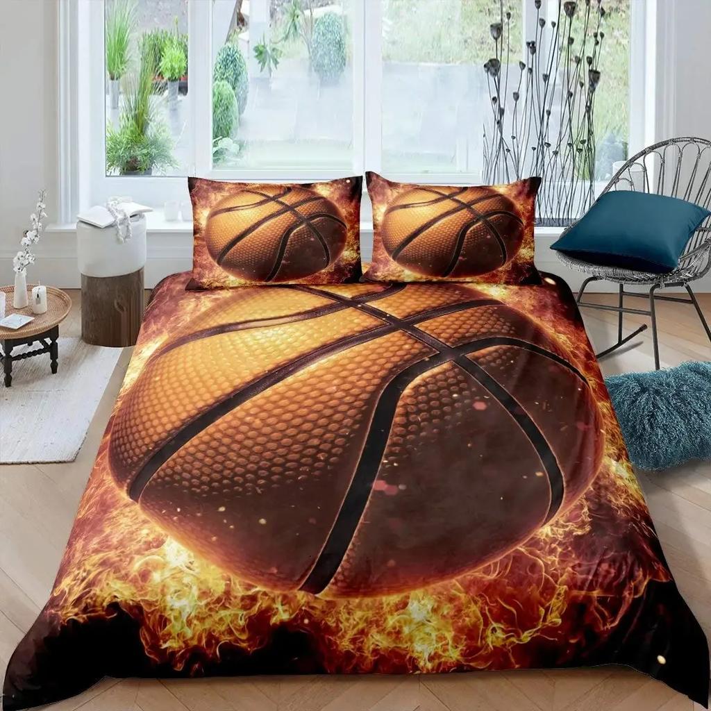 Basketball Duvet Cover Set Black 3D Ball Sports Theme Bedding Set Microfiber Basketball Court Competitive Games King Quilt Cover