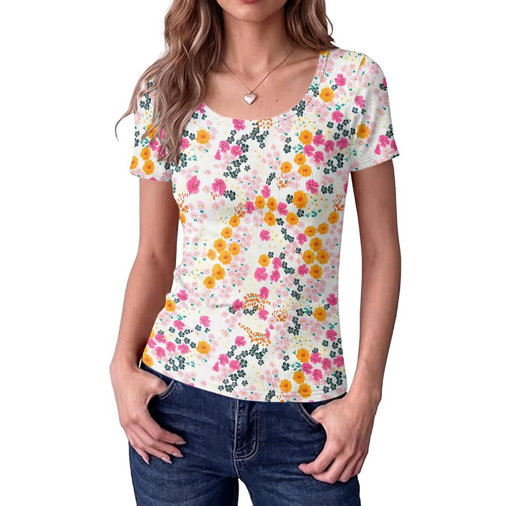 Women Slim Fit Square Neck Short Sleeve Top Retro Floral Print Stretchy Ribbed Fabric Casual Daily Wear