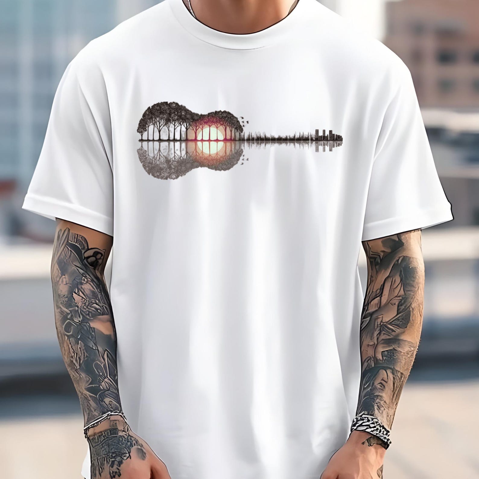 Guitar Landscape Graphic Tee, Music Lover Shirt 4XL