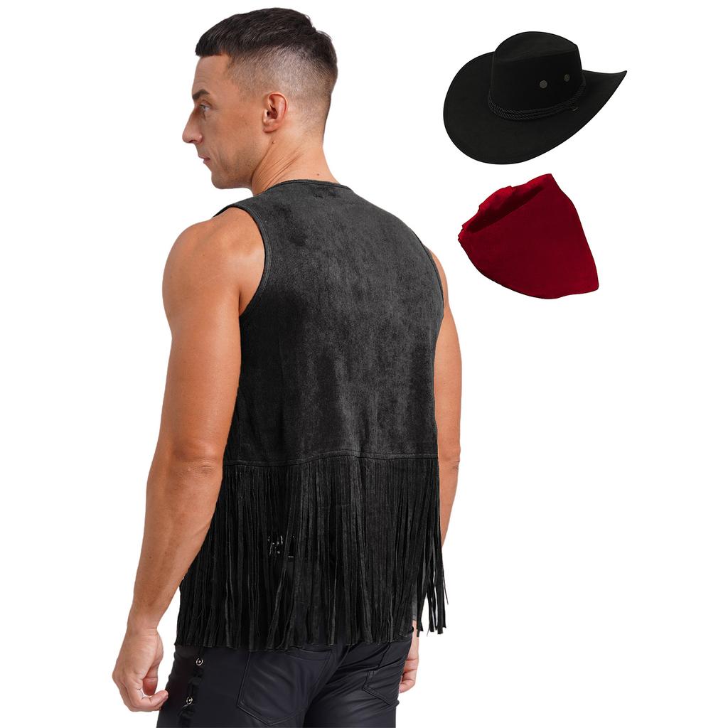 Mens Western Cowboy Costume Faux Suede Tassel Vest with Rivets Design Vintage Bandanna Hat 3 Piece Set