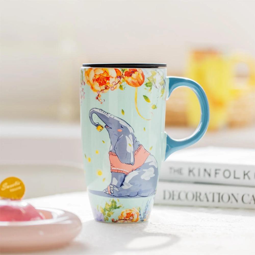 500ML Immortal Forest Mystery Animal Ceramic Cup, Large-capacity Water Cup, Coffee Cup with Lid, Couple's Cute Mugs Cup