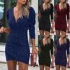 Fashion Ladies Slim Color V-neck Long-Sleeved Dresses Women