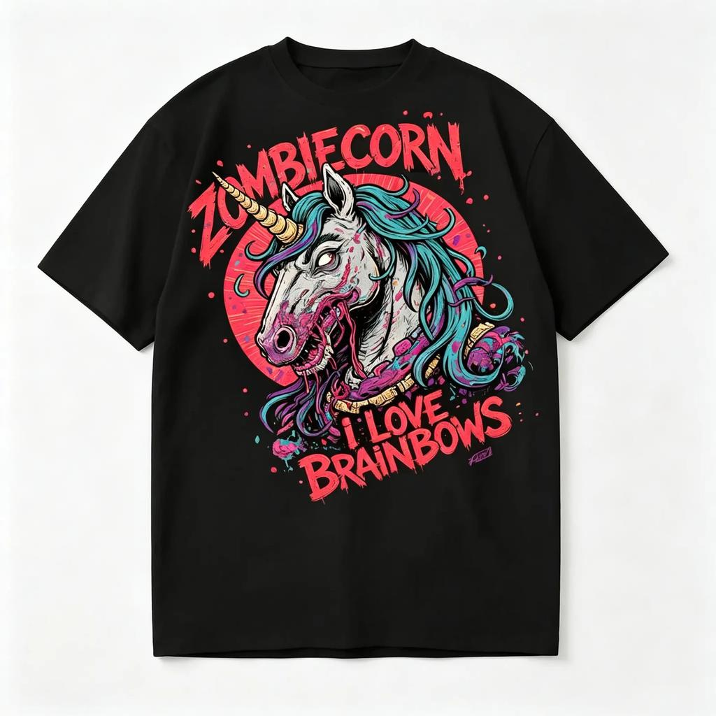 Mens Zombie Unicorn Halloween Graphic Heavy Cotton 7.05 oz Short Sleeve T Shirt