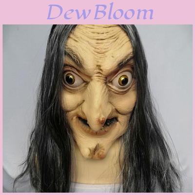Halloweenská čarodějnická latexová maska s dlouhými vlasy pro strašidelný dům a cosplay role play