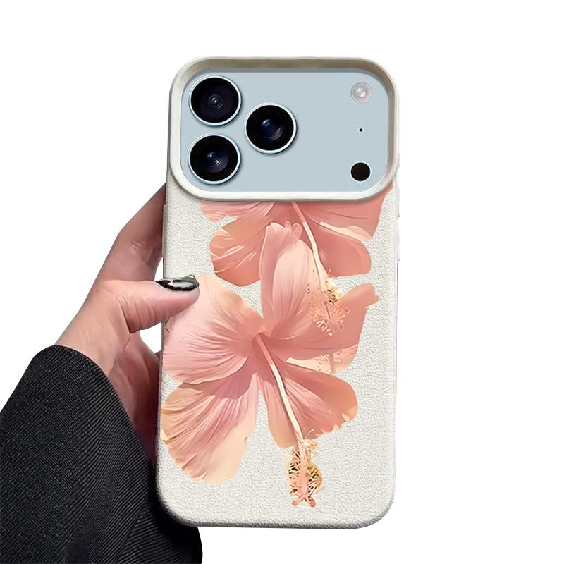 Pouzdro Pro iPhone 17 Pro Max Růžový vzor ibišku Kožená textura Silikonový kryt Pro iPhone 16 Pro Max 15 14 13 12 11 Air 16E