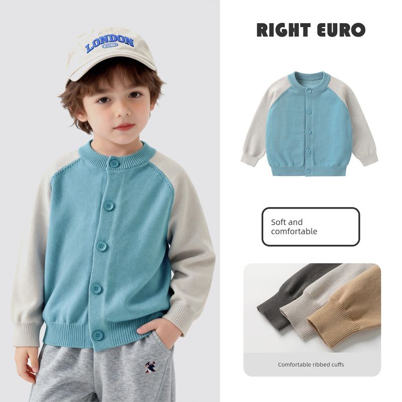 Right European Style Boys Pure Cotton Knitted Cardigan Jacket Children s Spring and Autumn Clothing 2026 New Children s Wear Boys Casual Style Top Dark Aqua Blue 110