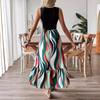Women's Patchwork Striped Print Wavy Edge Long Crew Neck Sleeveless Dress