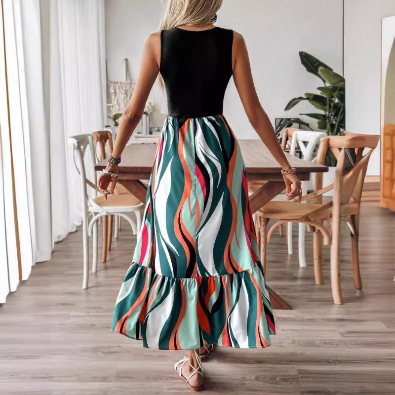 Women's Patchwork Striped Print Wavy Edge Long Crew Neck Sleeveless Dress