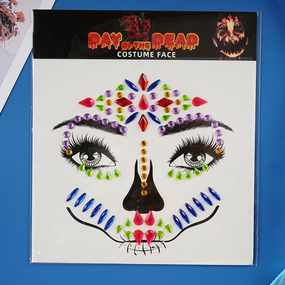Lustiger Strass-Gesichtsaufkleber DIY Bunter Kristall Halloween Fake Tattoo Clown Make-up Cosplay Requisiten Totenkopf-Gesichtsaufkleber Körperkunst