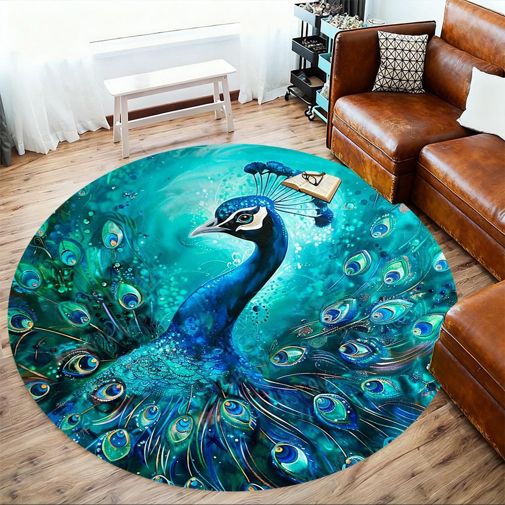 1PC Peacock Feathers Office Round Area Rug, Under Office Chairs Bedroom Living Room Home Decor, Carpet for Office -1110001