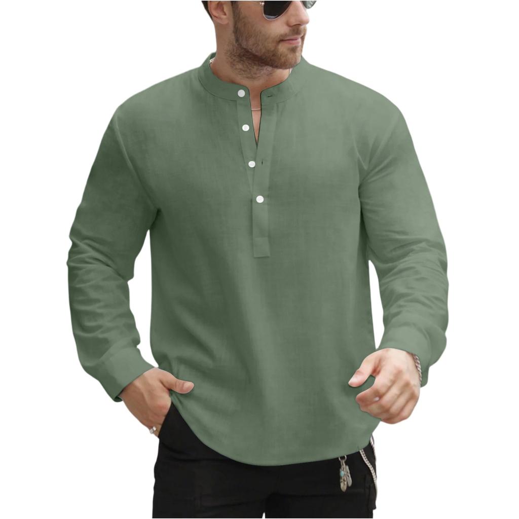 Men's Casual Stand Collar Half Door Cylinder Color Knot Cotton Linen Long Sleeve Shirt