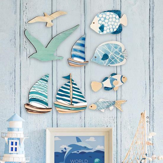9 Pcs Beach Wooden Wall Decor Coastal Ocean Style Wall Art Rustic Fish Seagull Sailboat Hanging Sculpture for Lake House Home Bedroom