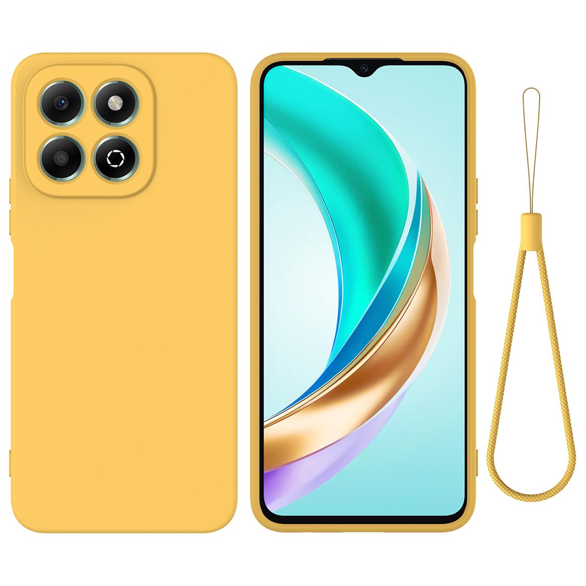 

For Honor X6c 4G Liquid Silicone Case Phone Back Cover with Hand Strap Yellow