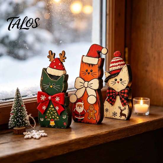 Decorative Wood Cat Set 3Pcs Christmas Wooden Ornaments with Hat and Bow Tie, 2D Interchangeable Holiday Flat Thanksgiving Tabletop Figurines,