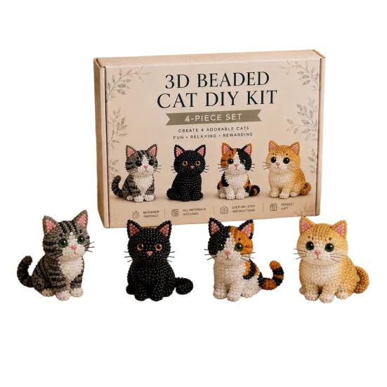 Tiny 3D Beaded Animal DIY Kit, Cute 4 Pcs Cat Beading Crafts with Instruction, Handmade Beadwork Making Project for Teens, Adults C