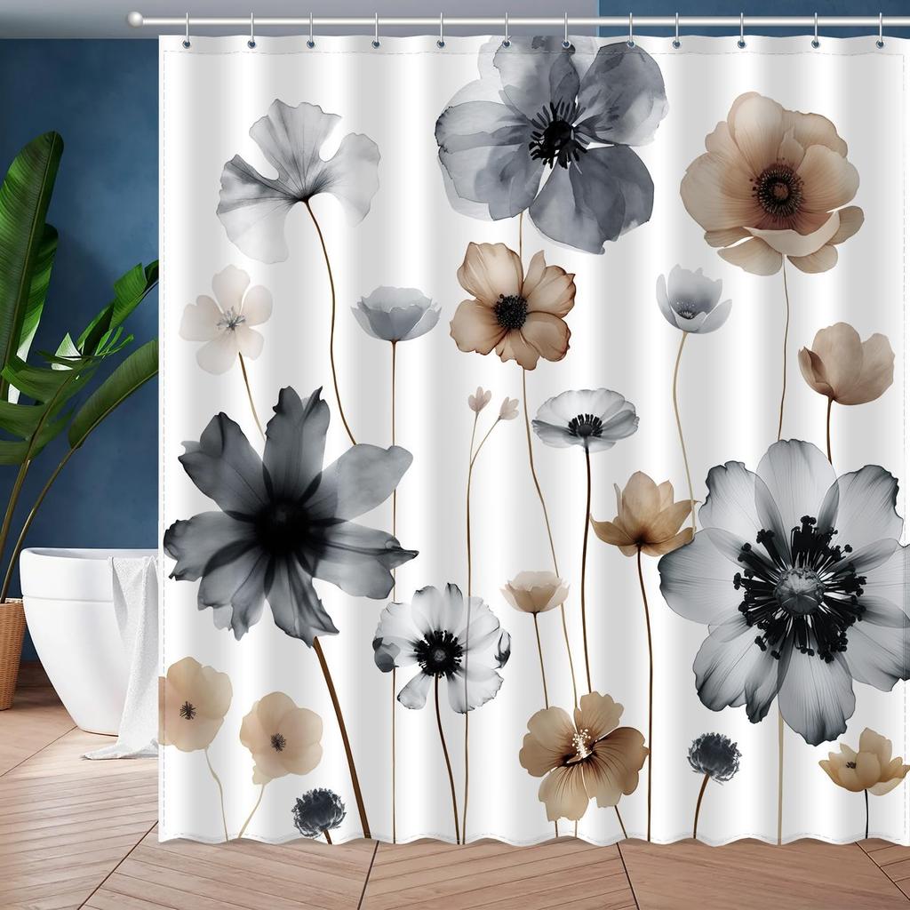 Elegant Blue & Brown Flower Waterproof Bathroom Curtain, Mildew Resistant, Fashionable Design for Home Decor,Fits Various Styles