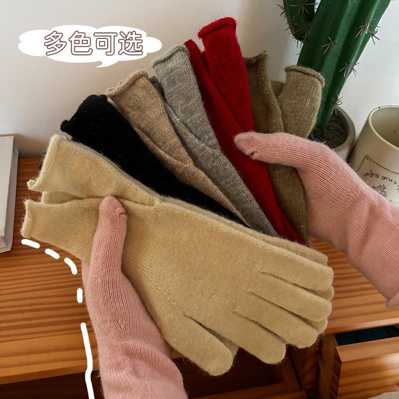 Jiatu's new thermal gloves, wool autumn and winter women's windproof knitted solid color cold-proof cashmere cycling gloves
