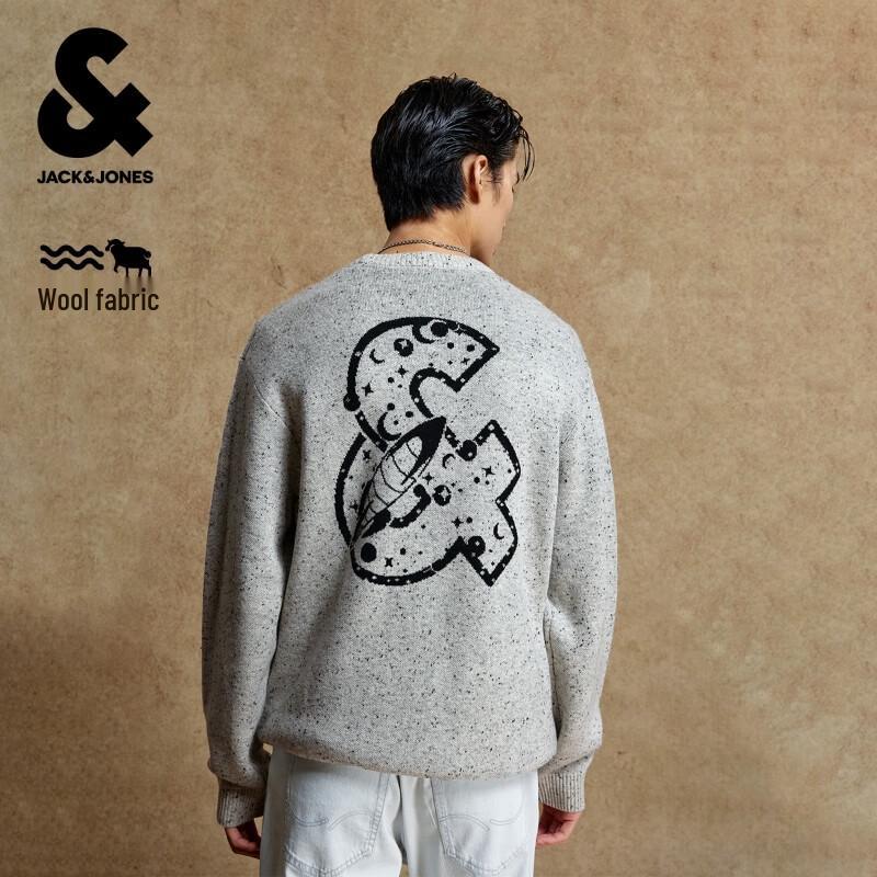 JACK&JONES Men's Mélange Letter Logo Loose Fit Round Neck Sweater