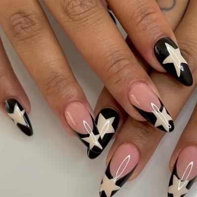 Unghie finte a pressione di media lunghezza a mandorla French lucide a copertura totale con colla unghie acriliche con design a stella unghie finte per donne e ragazze 24 pezzi