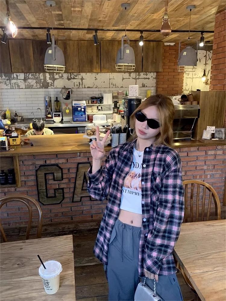 2024 Black & Pink Plaid Women's Shirt - Spring/Autumn Sunscreen Jacket, Korean-Style Niche Design