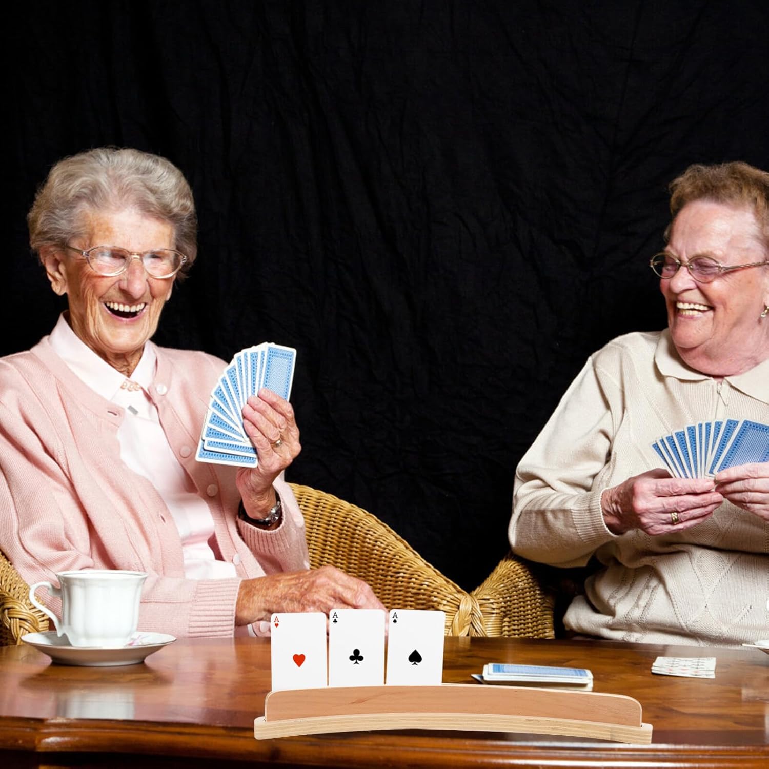 SAFIGLE Wooden Playing Card Display Rack - Solid Wood Playing Card Holder for Tabletop Use, Perfect for Game Nights and Card Enthusiasts Gold Table