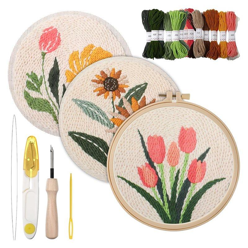 3 Pack Punch Needle Embroidery Kits, Punch Needle Kits For Adults Beginners, DIY Easy Flower Embroidery Set