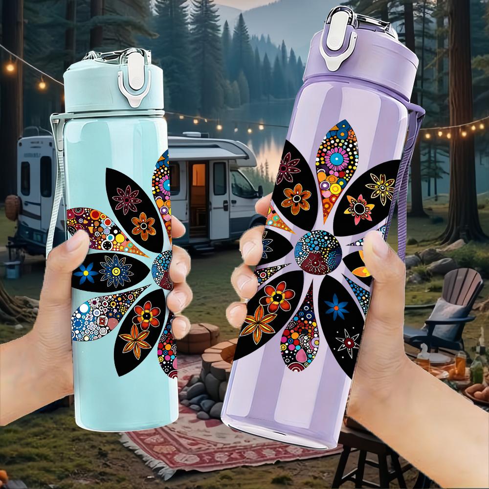 1PC Multicolor Mandala Flower Graphic,750ml Color Plastic Sports Water Bottle,Leakproof Flip Straw Lid,Suitable for Sports Office Home Use