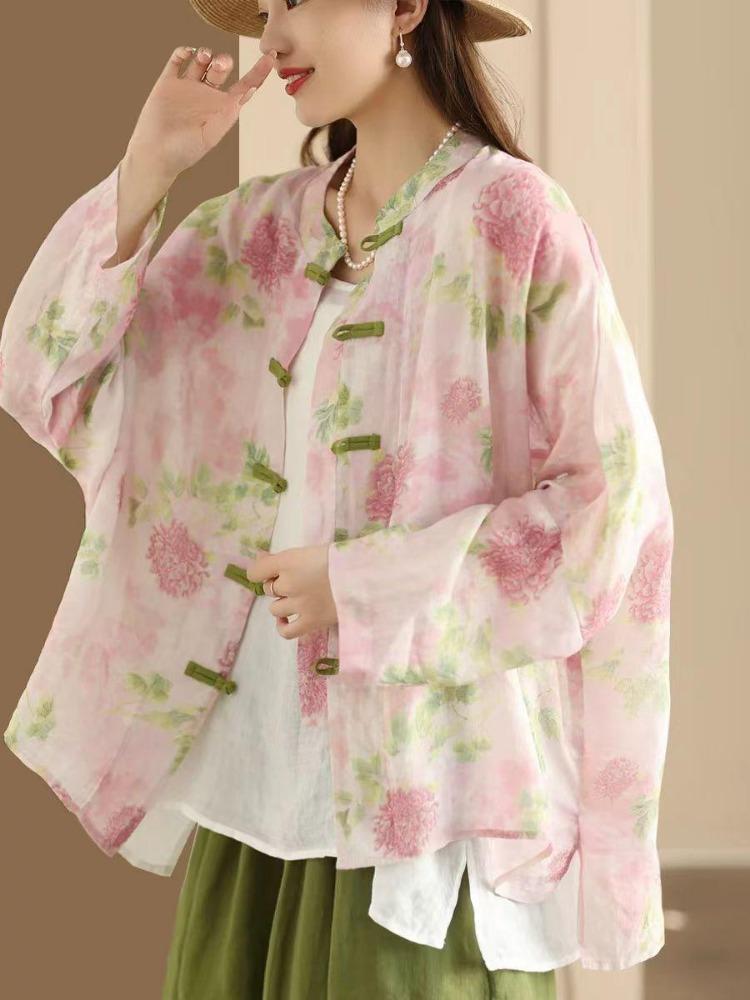 Chinese Style Bat Sleeve Shirt Vintage Women Blouse Floral Print Spring Top Loose Stand Button