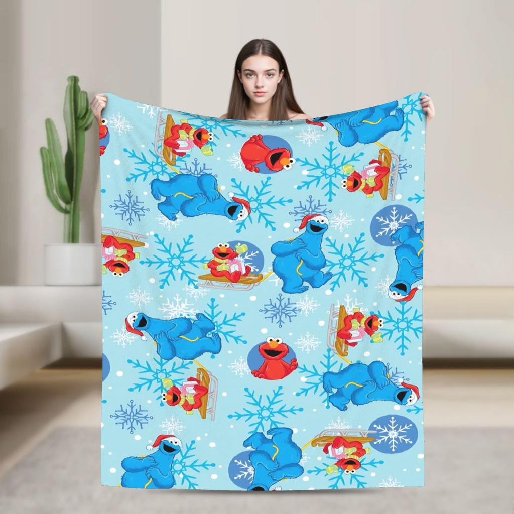 Cookie Monster Sesamets Knitted Blanket Flannel Throw Blanket Bedroom Sofa Printed Ultra-Soft Warm Bedspreads