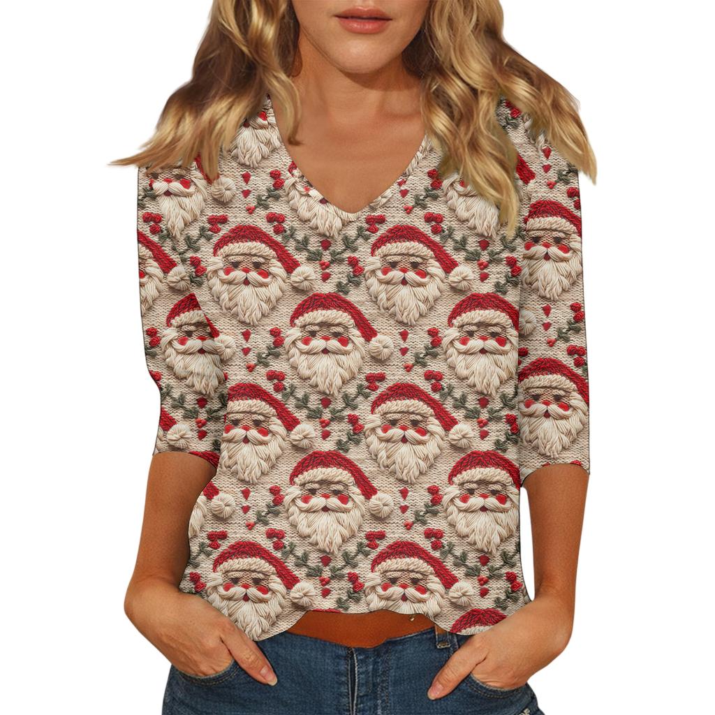 Women's Casual Fashionable Sexy Comfortable V-Neck Christmas Three-Quarter Sleeve Top