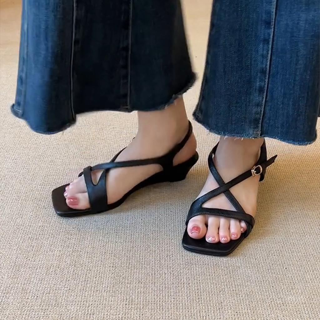 Minimalist Retro One-word Belt Versatile Black Commuter Sandals Women's Wedge Heel Square Head Open-toed Women's Shoes