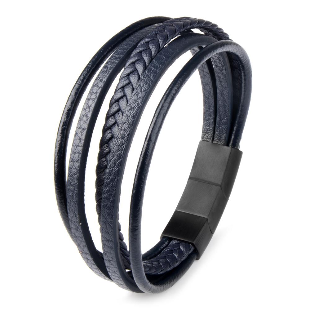 New High Quality Genuine Leather Extended Removable Stainless Steel Clasp Bangle 20 cm синий