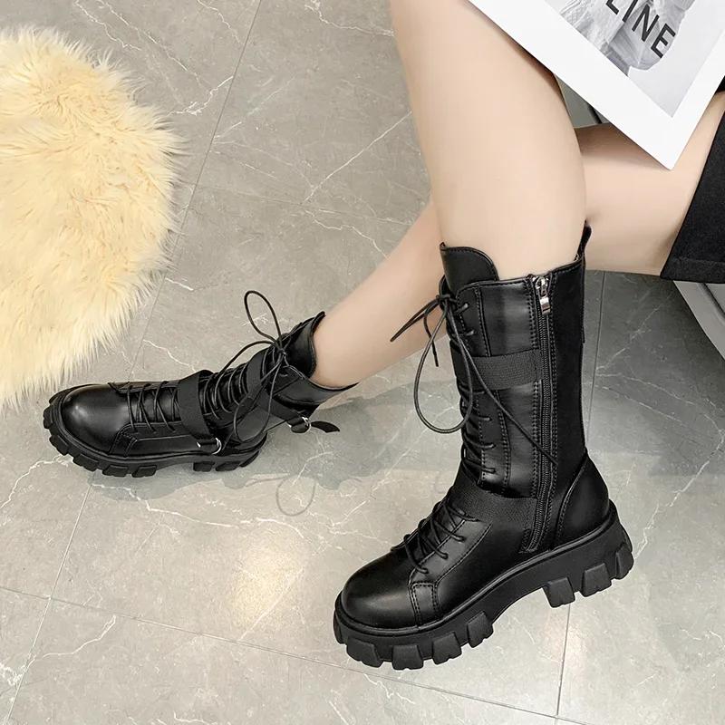 Damen Mittelhohe Stiefel Motorradstiefel Damen Cosplay Hohe Stiefel Punk Gothic Schwarze High Heel Schuhe Damen Lange Ritterstiefel