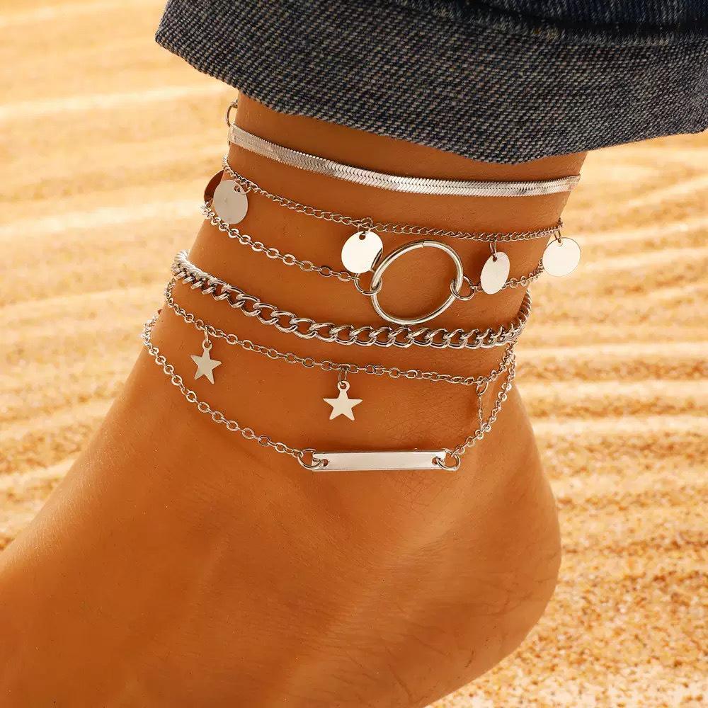 Personalized Multi-layer Beach Anklet Set with Leaf Sequins