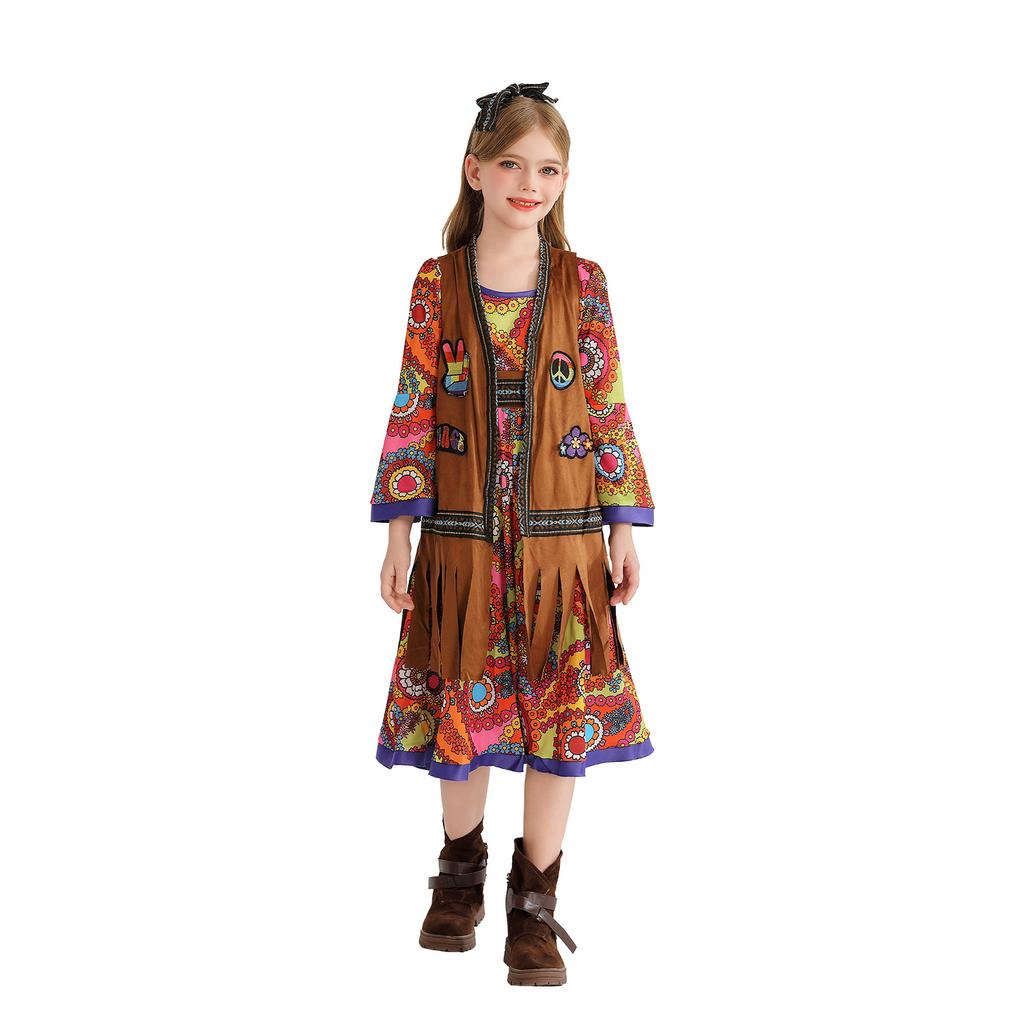 Halloween Kids Costume Little Girl Vintage Hong Kong Style Hippie 6070s Costume Carnival Dress