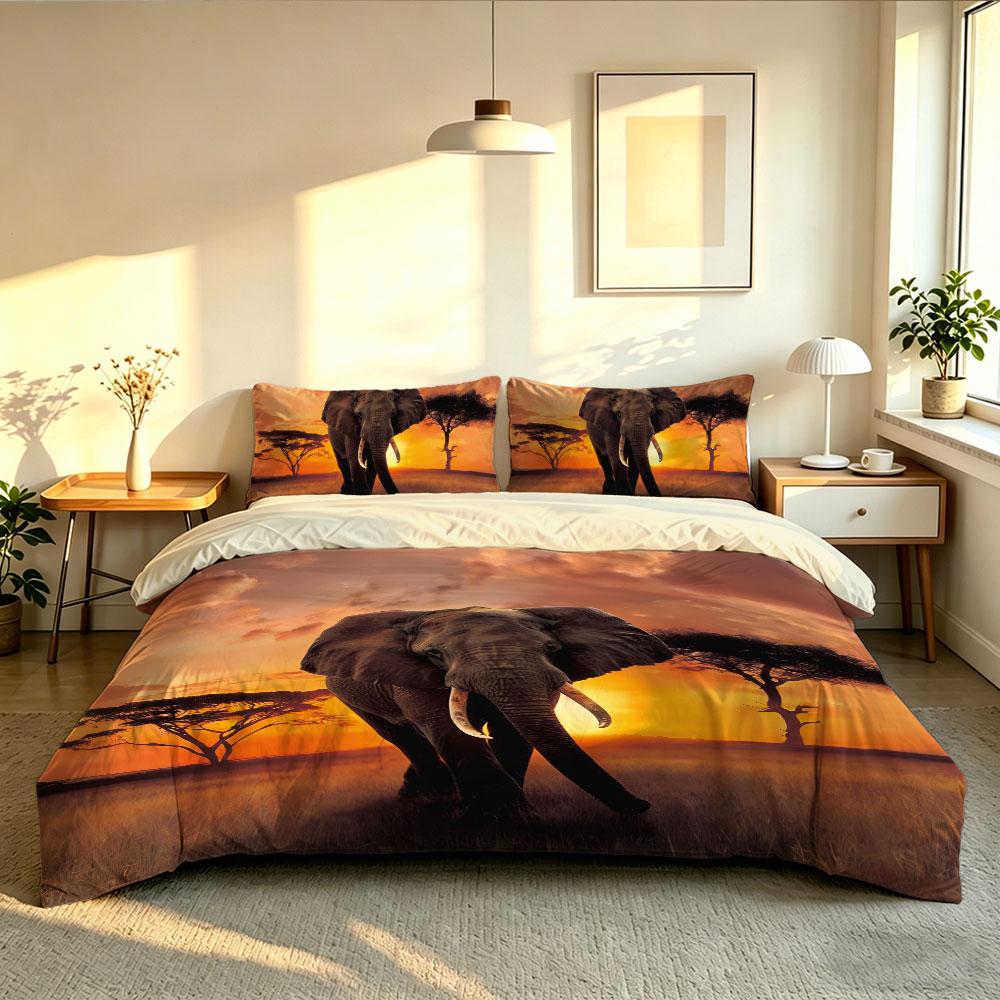3-teiliges afrikanisches Elefanten-Sonnenuntergangs-Savannen-Print-Bettwäsche-Set mit Kissenbezügen, Schlafzimmerdekoration, Weiche Mikrofaser-Bettwäsche mit Wildtiermotiv