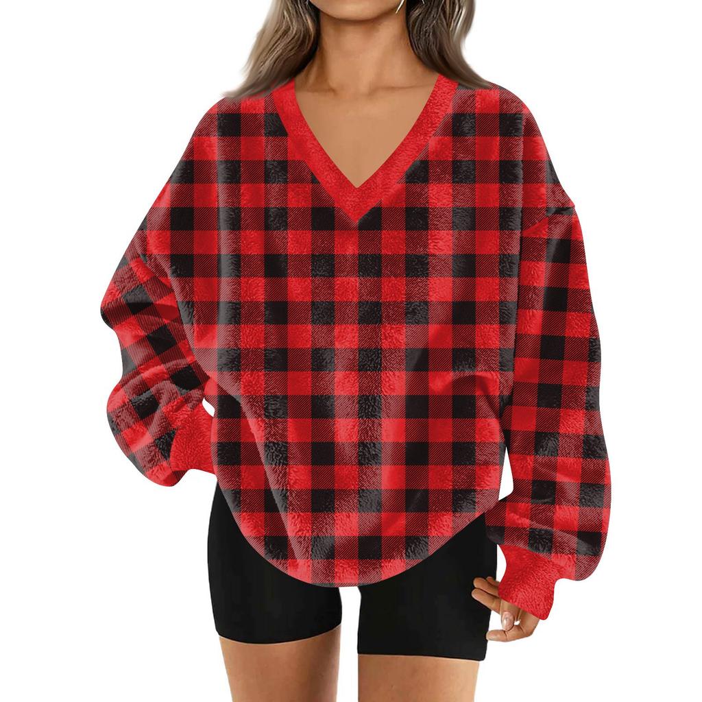 Women's Fashionable V-neck Christmas Printed Long Sleeved Casual Pullover Plush Warm Pocket Sweatshirt Top