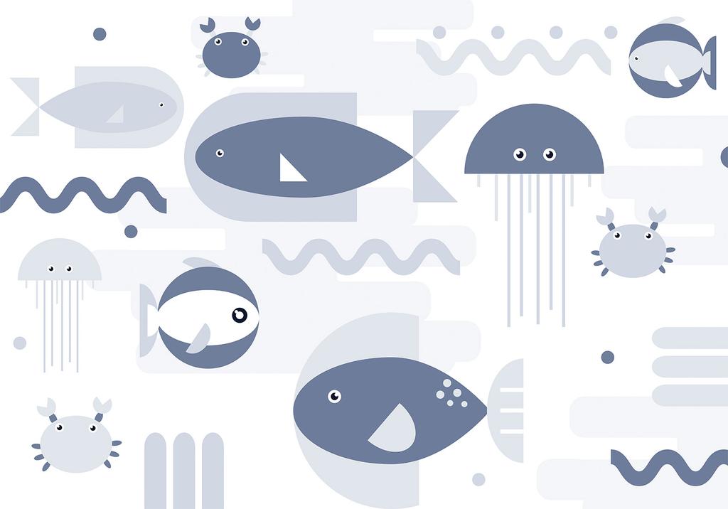 Fototapeta - Minimalistyczny Ocean - Geometryczne Rybki I Kraby W Wodzie Dla Dzieci