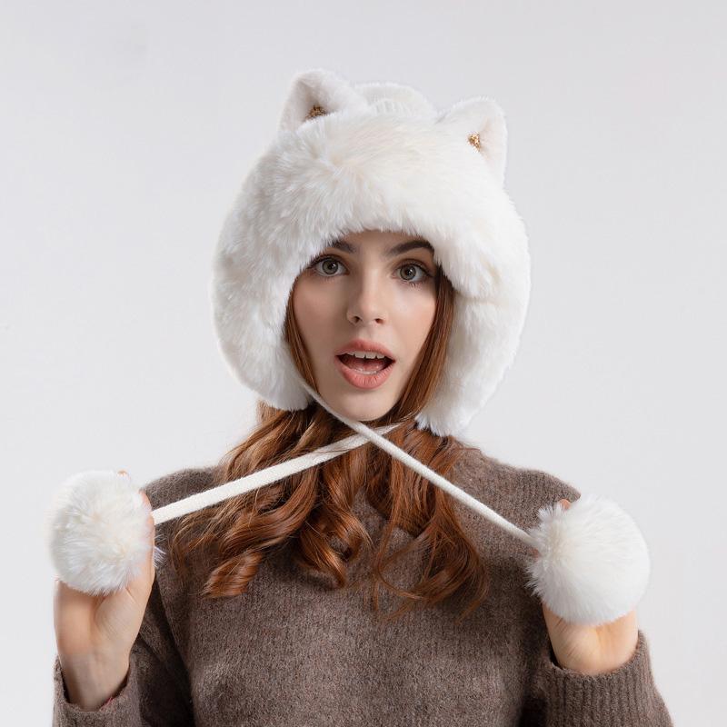 Women Winter Cute Knitted Cartoon Hair Ball Ear Protector Cap Plush Thickened Warm Hat EMA