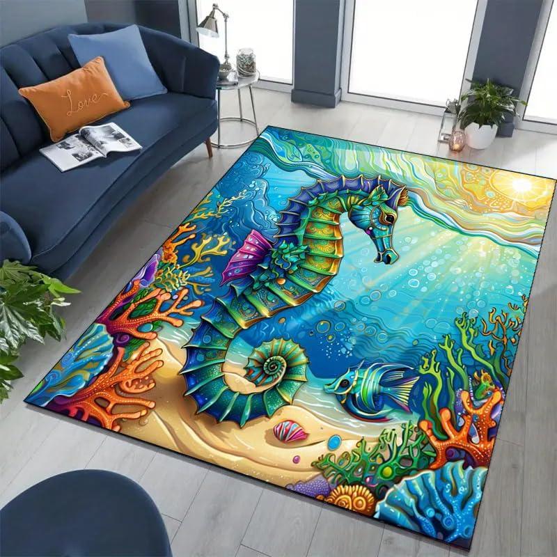 Colorful Turtle Area Rug Ocean Themed Room Rugs, Soft Washable Non Slip Ocean Area Rug Ocean Room Coral Rug for Kids Room Mat