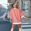 Women's Striped Oversized Top with Contrast Trim, Baggy Half Sleeve Crew Neck Tee for Casual Wear