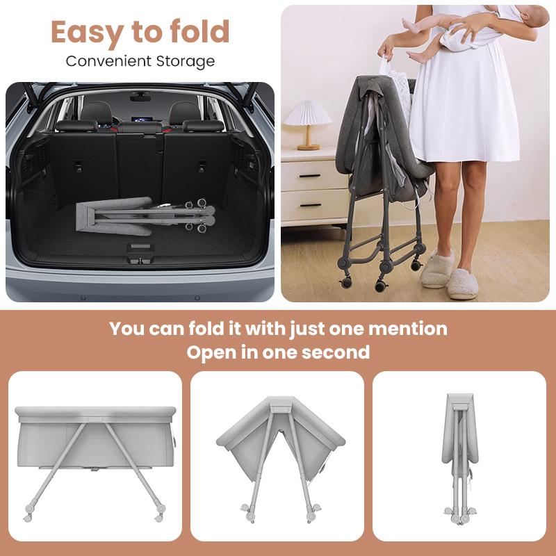 Baby Grab-and-go Travel Cot Crib , Rocking Crib Convertible ulti-function folding With Mosquito Net & Mattress & Silent Wheels