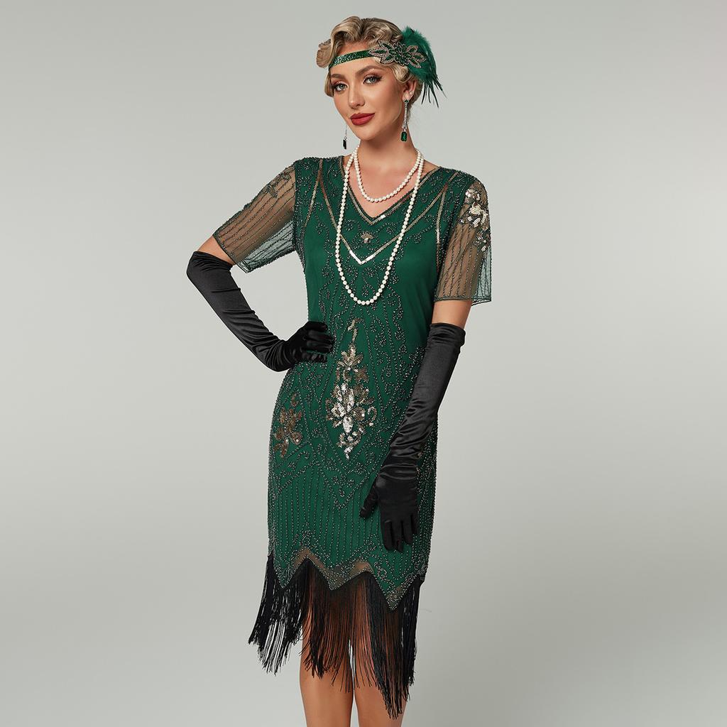 Gatsby Dress, New Hand-embroidered Beaded Sequin Skirt, European and American Banquet Dress V-neck Short-sleeved Dress