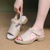 Women's Summer Genuine Leather Block Heel Sandals Thick Sole Non Slip Hollow Out Velcro Peep Toe Sandals Non Slip Casual Sandals