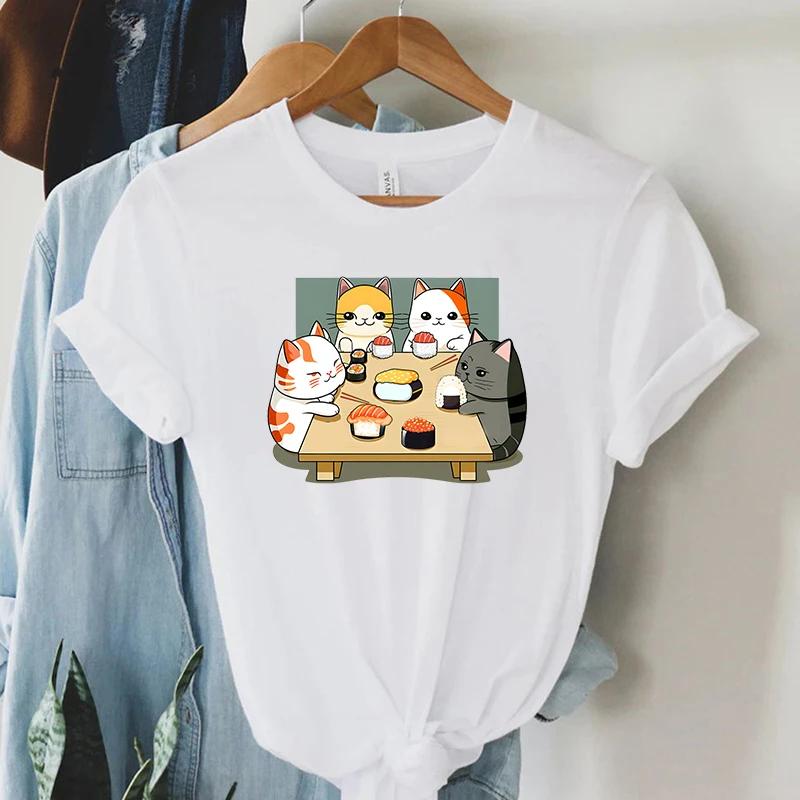 Cat Party Kawaii T Shirt Women Summer Tops Sushi Graphic T Shirts Casual Fashion Tee Shirt Trendy Korean Streetwear Y2k Tees