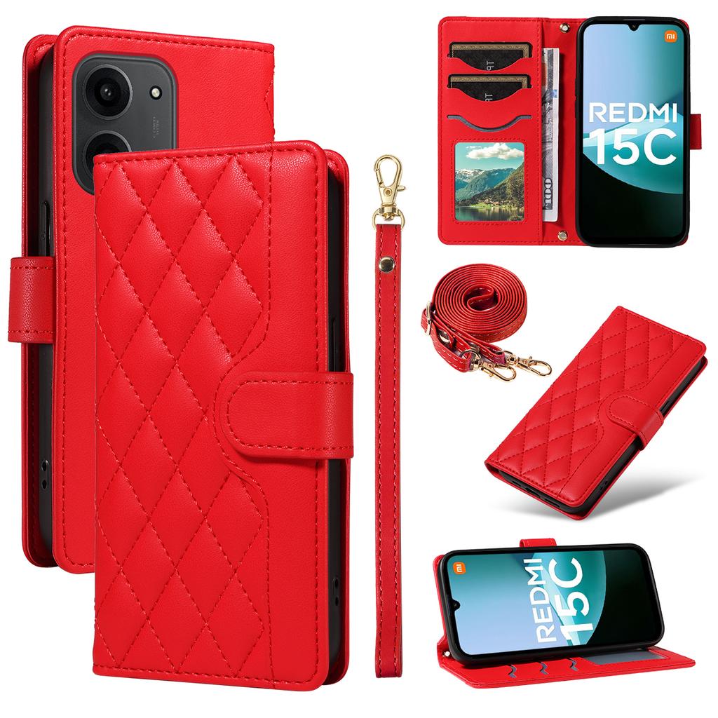 For Xiaomi Redmi 15C 4G (173mm) Wallet Case Rhombus Leather Phone Cover with Strap