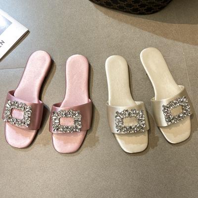 Women's Slippers Summer 2024 Rhinestones Flat Elegant Sandals Female Fashion Outdoor Beach Shoes Slides Chanclas Mujer Playa