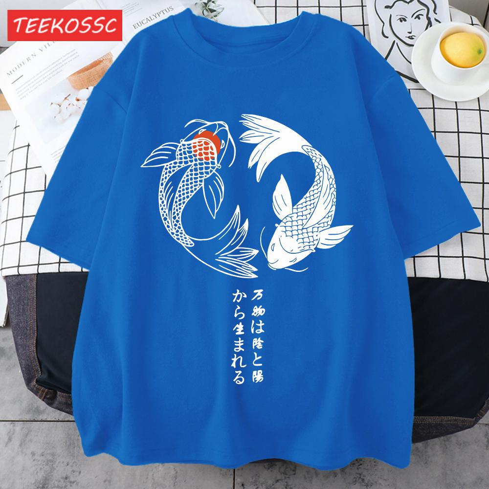 Two Koi Fish Swimming In Waterprint Men TShirts Cotton AllMatch T Shirt Comfortable Crewneck Tops Loose Unisex Summer Clothes