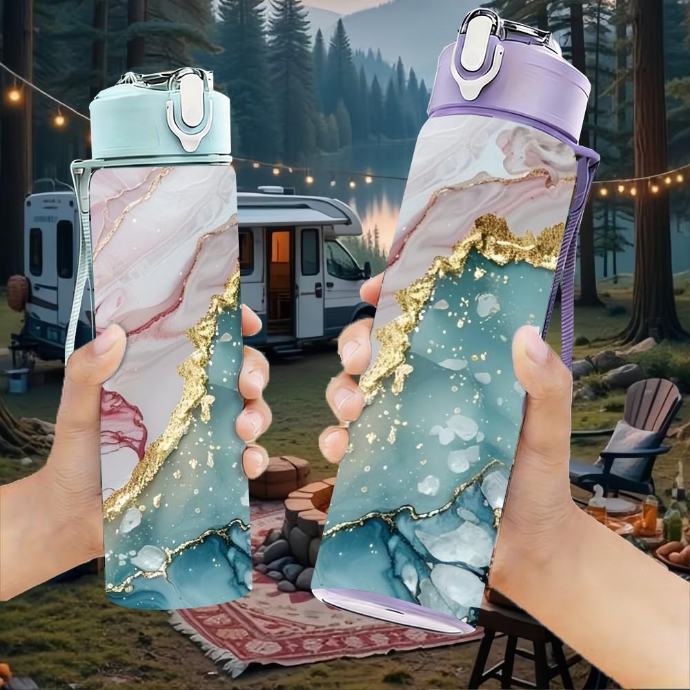 1PC Rose Gold Geode Marble Pattern 750ml Color Plastic Sports Water Bottle Leakproof Flip Straw Lid Suitable for Sports Office Home Use