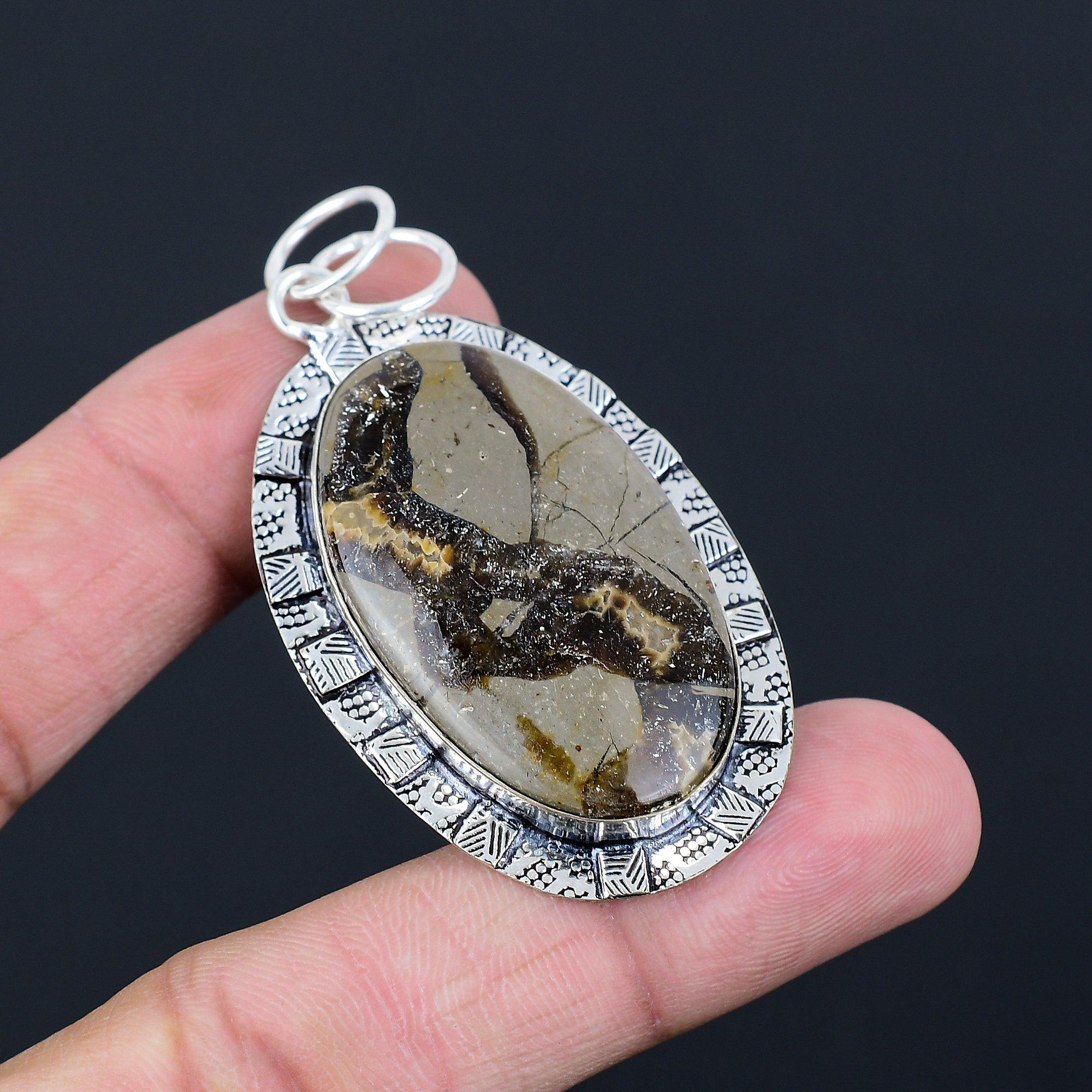 Oval Septarian Stone Anniversary Wife Bezel Handmade Pendant Jewelry 925 Silver